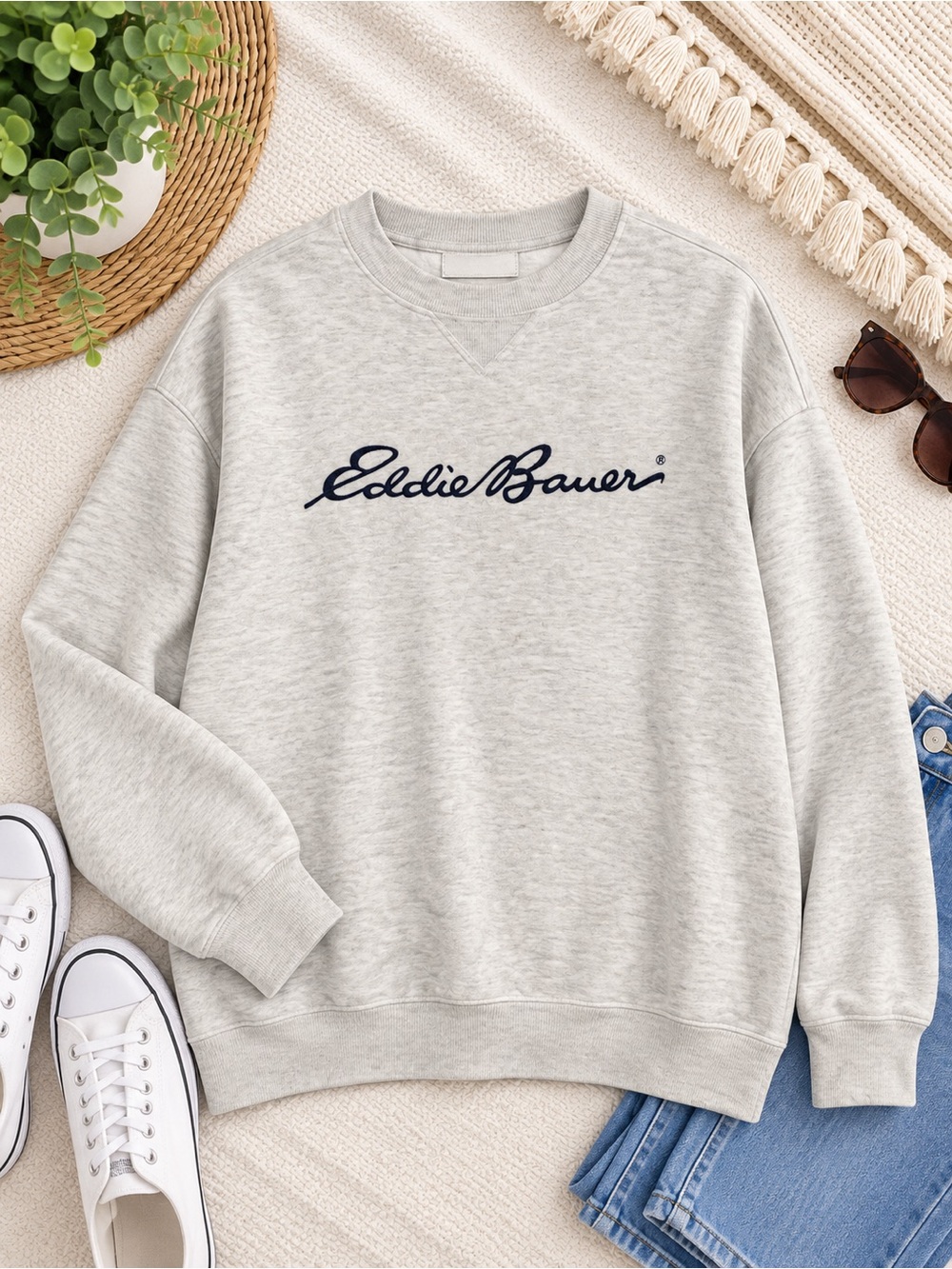 Eddie Bauer Light Gray Crewneck Sweatshirt with Navy Script Logo